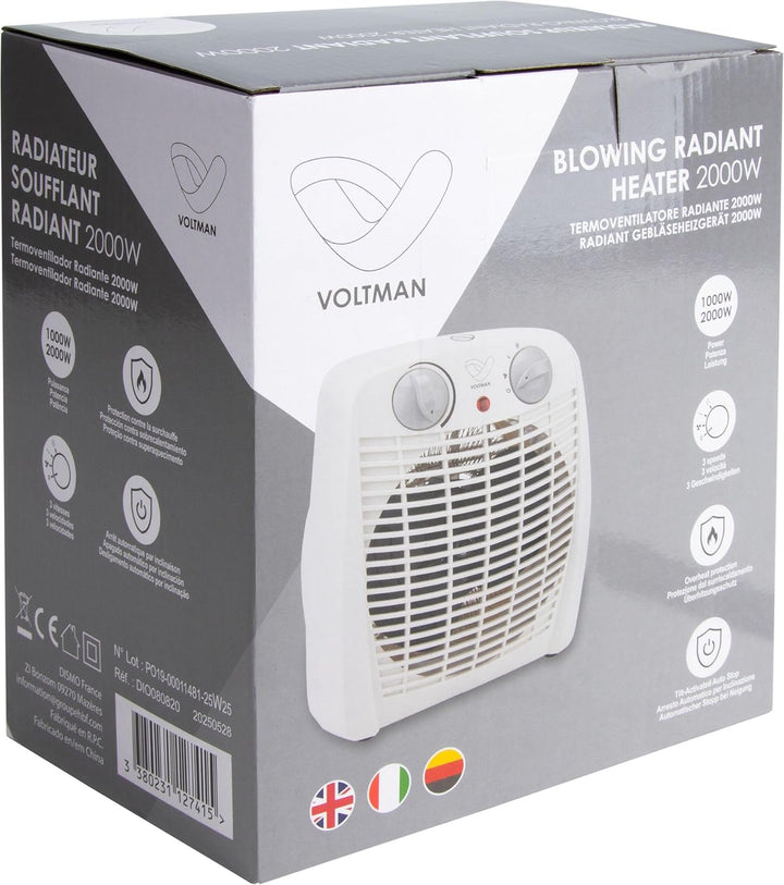 DIO - Tragbarer Heizlüfter 2000W - Regelbarer Thermostat - 2 Heizleistungen - 3 Modi - Kompakt und L