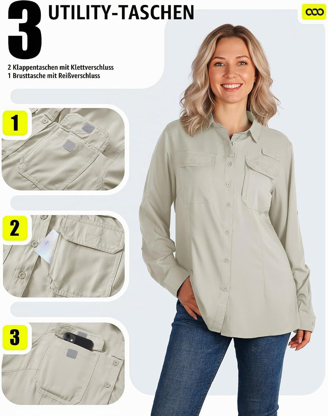 33,000ft Hemdbluse Damen UPF50 UV Schutz Hemd Schnelltrocknende Button-Down Shirts Atmungsaktive Wan
