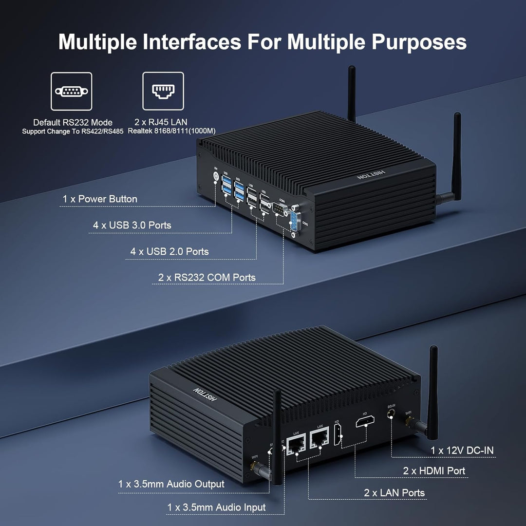 HISTTON Lüfterlos Mini PC Industrie PC, Dual Core i5-8265U, DDR4 16 GB RAM 512 GB SSD, 2 RS232 COM,