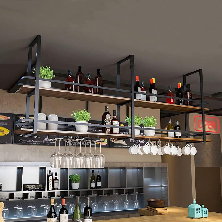 JHGJBJ Deckenregal Weinregal - Hängend Weinglasregal mit Glashalter, 2 Schicht industrielle hängende