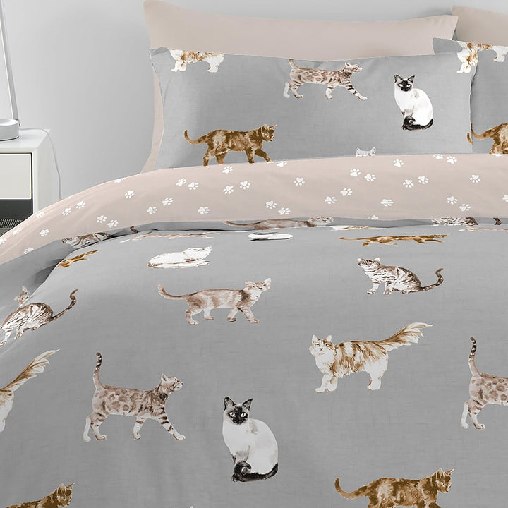 Fusion Grauer Katzen-Bettbezug – King-Size-Grösse (230 x 220 cm) – wendbares Design (rosa und grau)