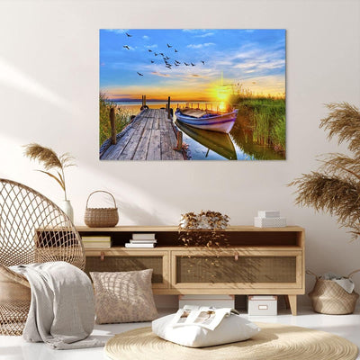 Bilder auf Leinwand 100x70cm Leinwandbild mit Rahmen See Boot Wasser Gross Wanddeko Bild Schlafzimme