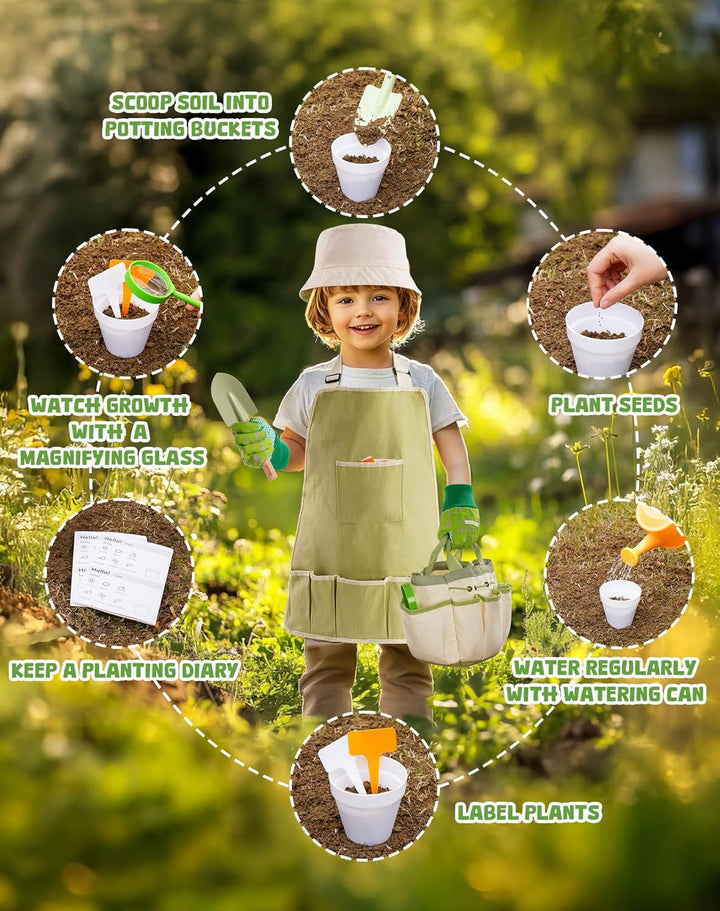 ROBUD Kinder Gartenarbeit Set, 18 PCS Kleinkind Gartengeräte Kit mit Schürze, Handschuhe, Schaufel,