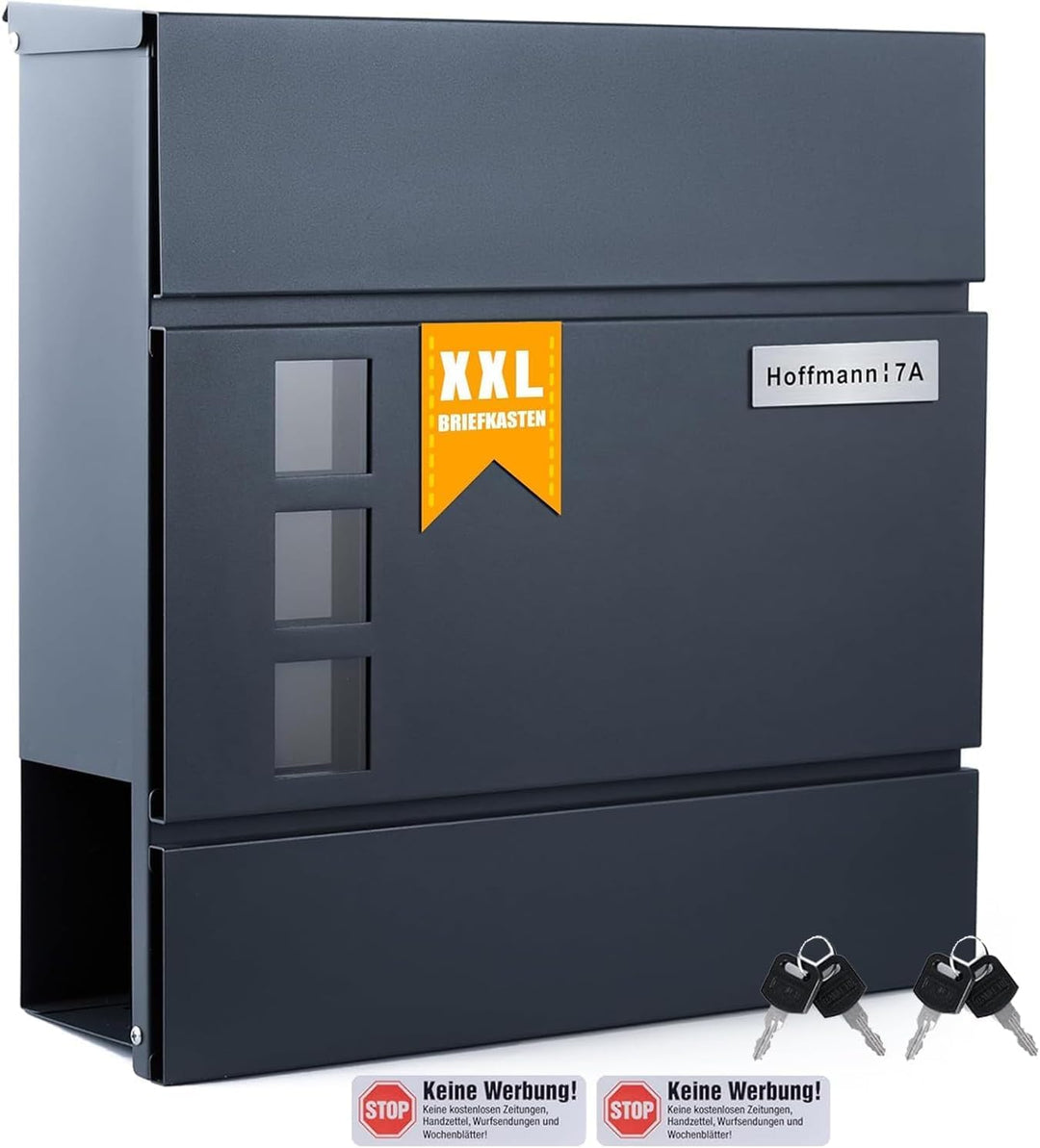 Zedelmaier XL Briefkasten personalisiert mit Edelstahl Namensschild Anthrazit Wandbriefkasten Postka