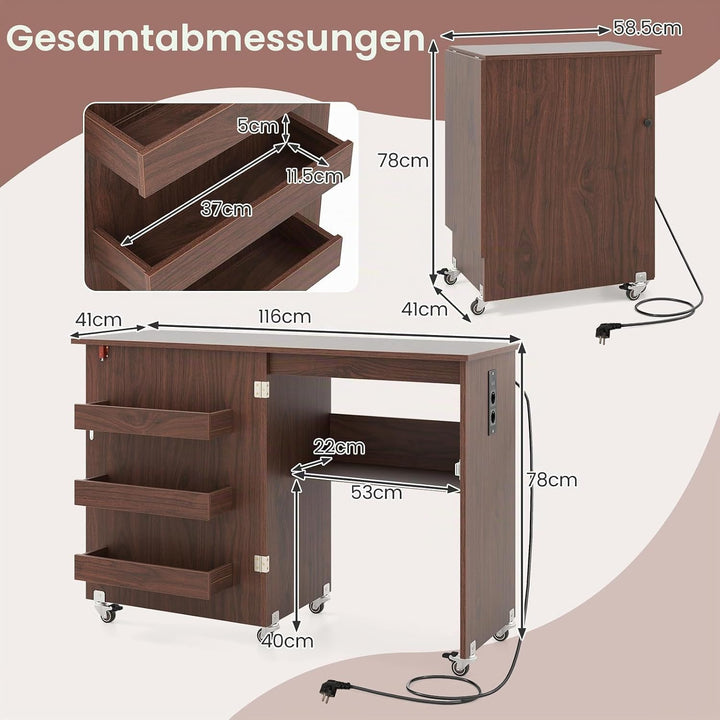 GIANTEX Nähtisch mit Ladestation, Nähmaschinentisch klappbar, Nähschrank mit Rollen, Nähmaschinensch