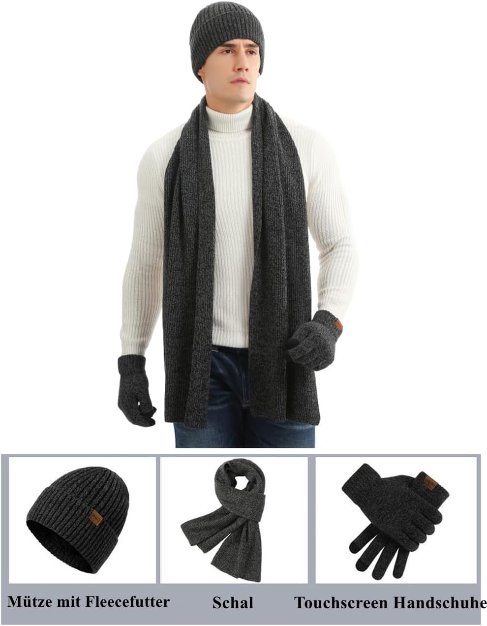 Kuukaas 3 in 1 Mütze Schal und Touchscreen Handschuh für Herren & Damen Wintermütze mit Innenfutter