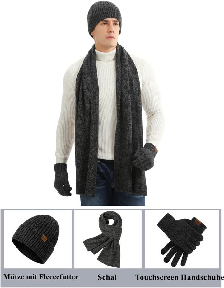Kuukaas 3 in 1 Mütze Schal und Touchscreen Handschuh für Herren & Damen Wintermütze mit Innenfutter