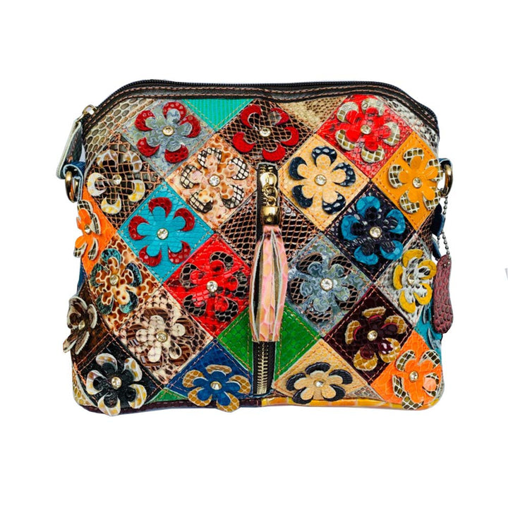 Segater® Mehrfarbig Floral Rind Leder-Umhängetasche für Damen, Vintage Rindsleder Handtasche Blumenm