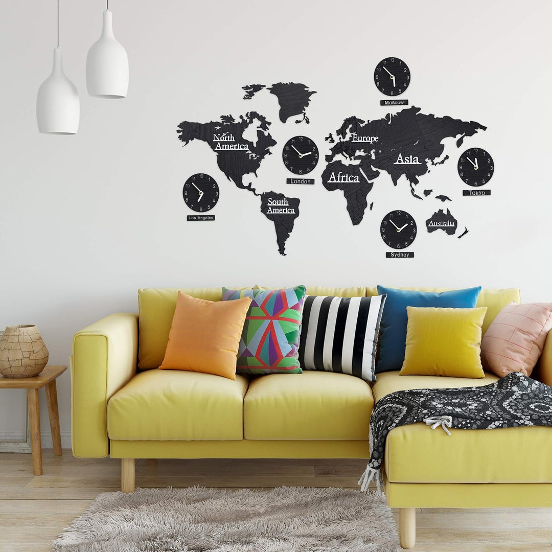 Relaxdays Weltkarte Holz mit 5 Uhren, 10 Städteschilder, 3D Landkarte Welt, mit Schablone, H x B: 61