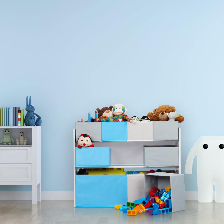 Relaxdays Kinderregal mit 9 Stoffboxen, Lagerfeuer Kindermotiv, Spielzeugregal Organizer HBT 66 x 82