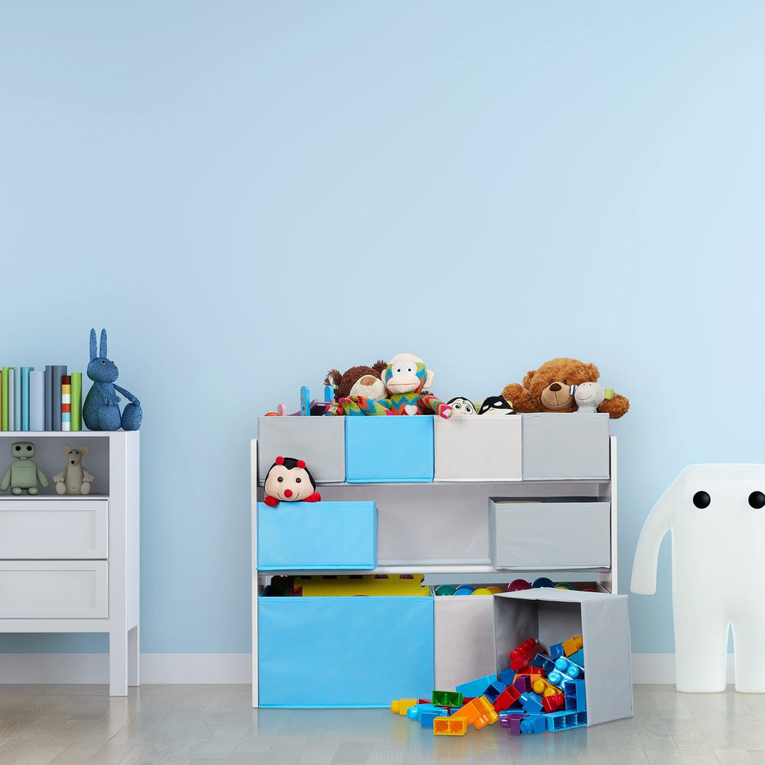 Relaxdays Kinderregal mit 9 Stoffboxen, Lagerfeuer Kindermotiv, Spielzeugregal Organizer HBT 66 x 82