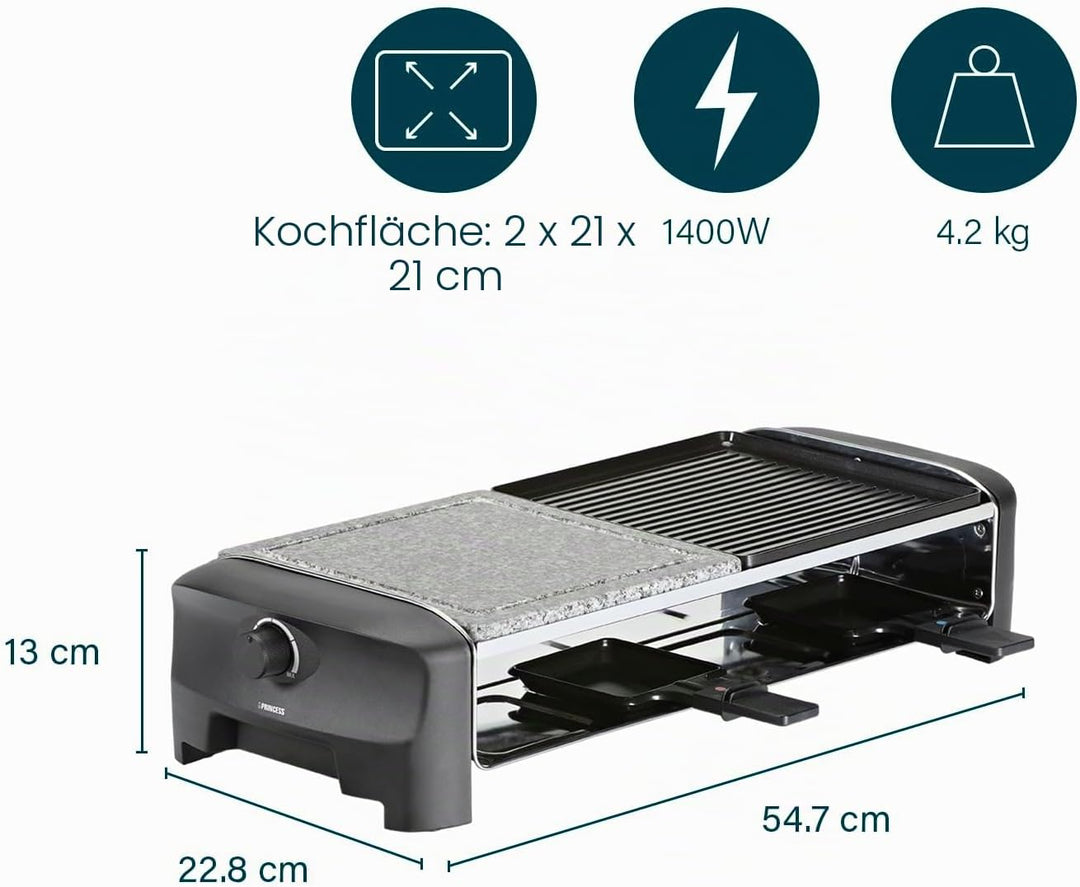 Princess Raclette Grill/ Steingrill für bis zu 8 Personen – mit 8 Pfännchen und regelbarem Thermosta