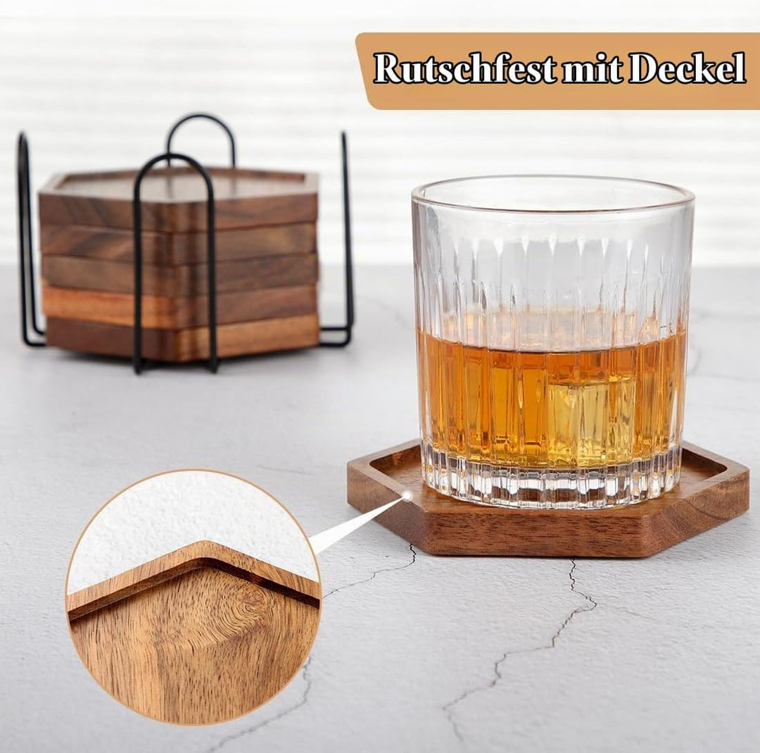 Holz Untersetzer für Gläser 6er Set, Untersetzer aus Akazienholz mit Halter, Glasuntersetzer Tischun