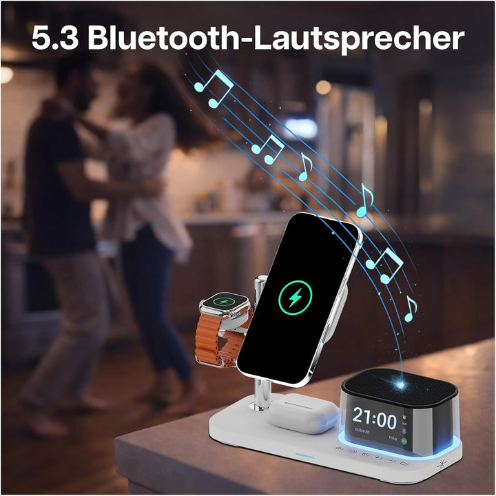 Kabellose Ladestation 5-in-1 mit Wecker, Bluetooth-Lautsprecher & LED-Nachtlicht für MagSafe von MMO