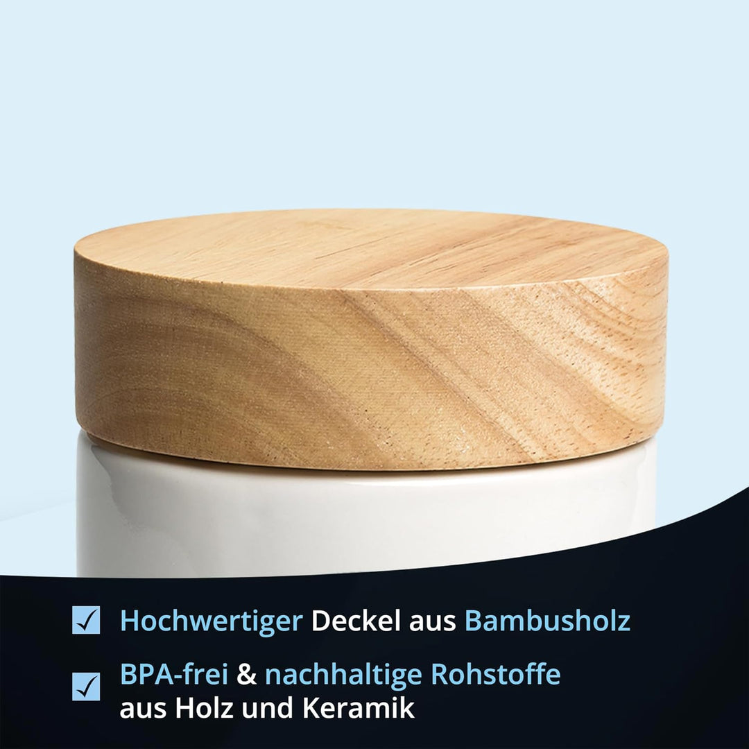 KHG Salzdose Keramik Steingut Weiss Holzdeckel Bambus, Salz Aufbewahrung luftdicht für ca. 1 kg fein