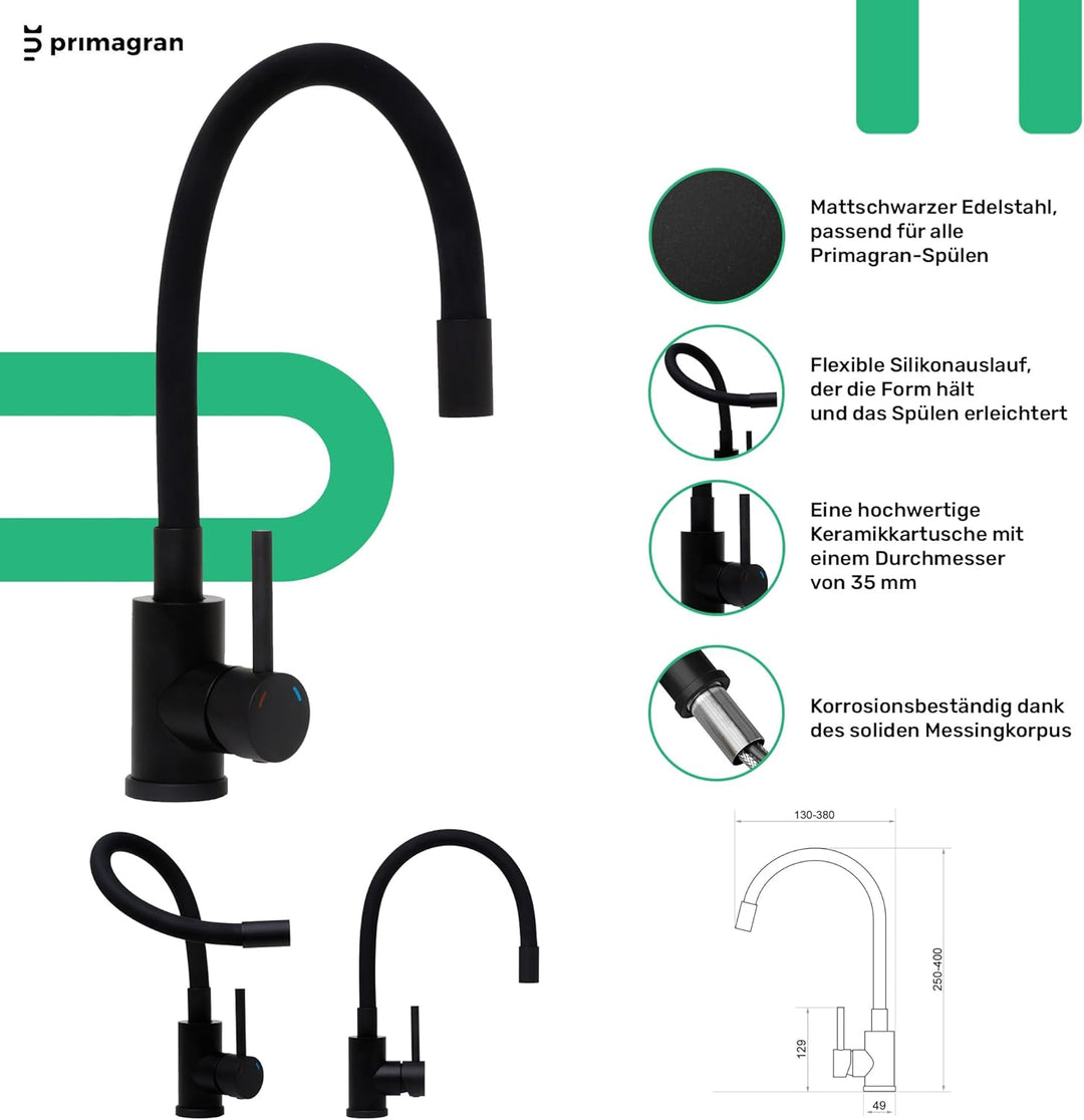 PRIMAGRAN Granitspüle Alles Schwarz 55x44cm, Spülbecken 1 Becken + Küchenarmatur 40x38cm + Ablauf-Se