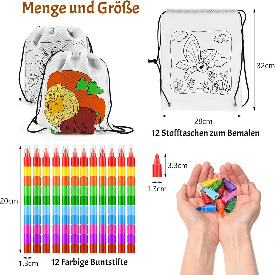 Tigvio Stoffbeutel zum Bemalen für Kinder, 12 Stück Taschen zum Bemalen für Kinder und 12 Stück Stap