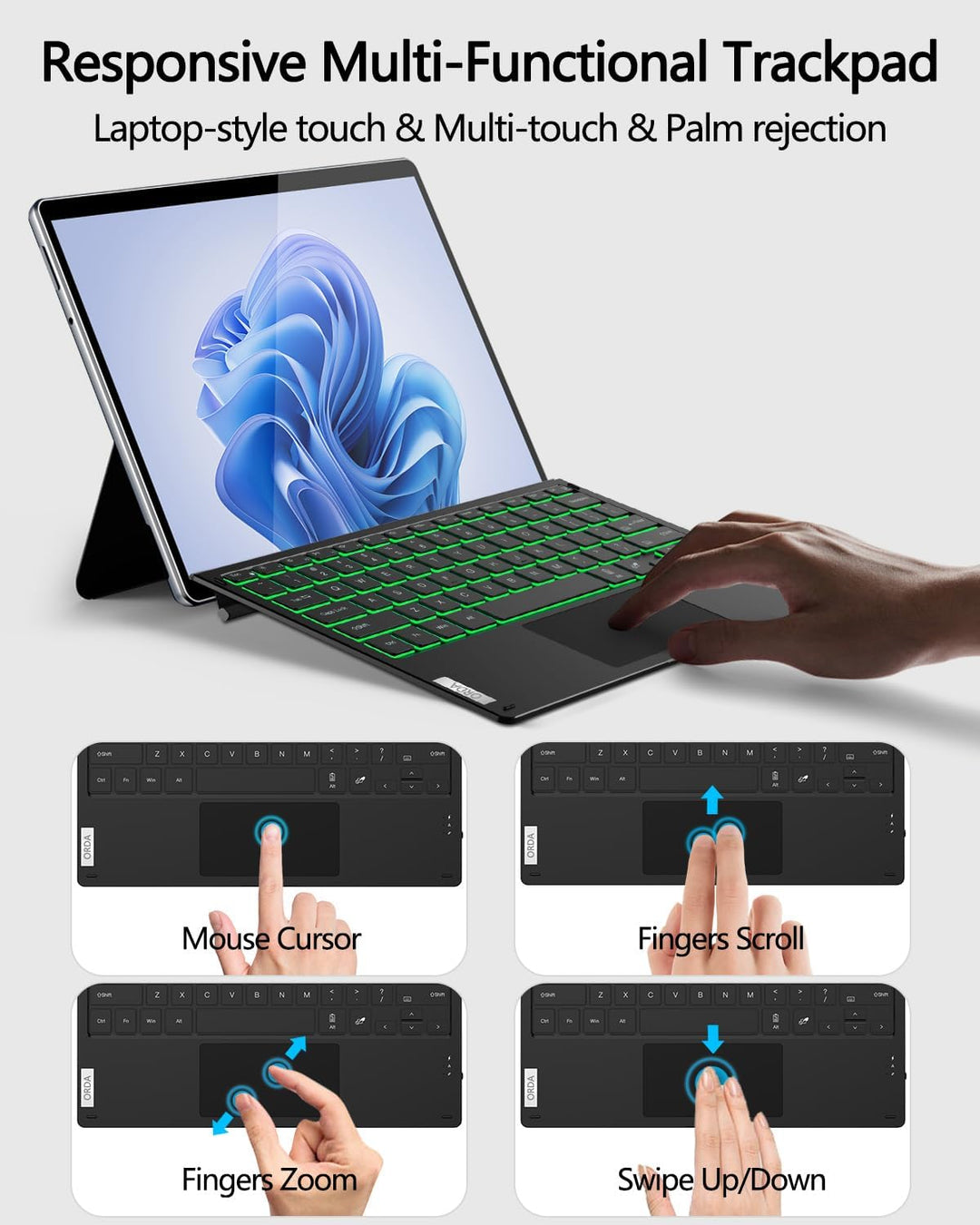 ORDA Surface Pro 7 Tastatur, Kompatibel mit Surface Pro 7+/7/6/5/4 mit Multi-Geste-Trackpad, 12.3 Zo