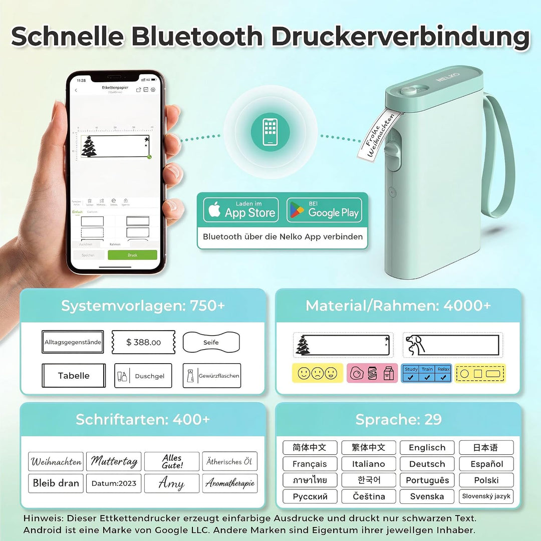 Nelko Etikettendrucker, Bluetooth P21 Selbstklebendes Etikettiergerät Tragbarer Beschriftungsgerät s