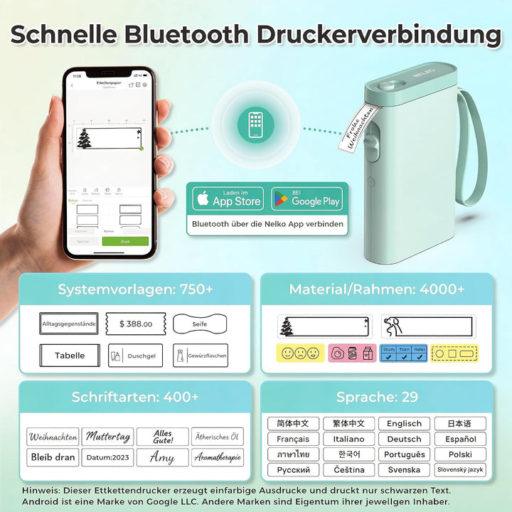 Nelko Etikettendrucker, Bluetooth P21 Selbstklebendes Etikettiergerät Tragbarer Beschriftungsgerät s