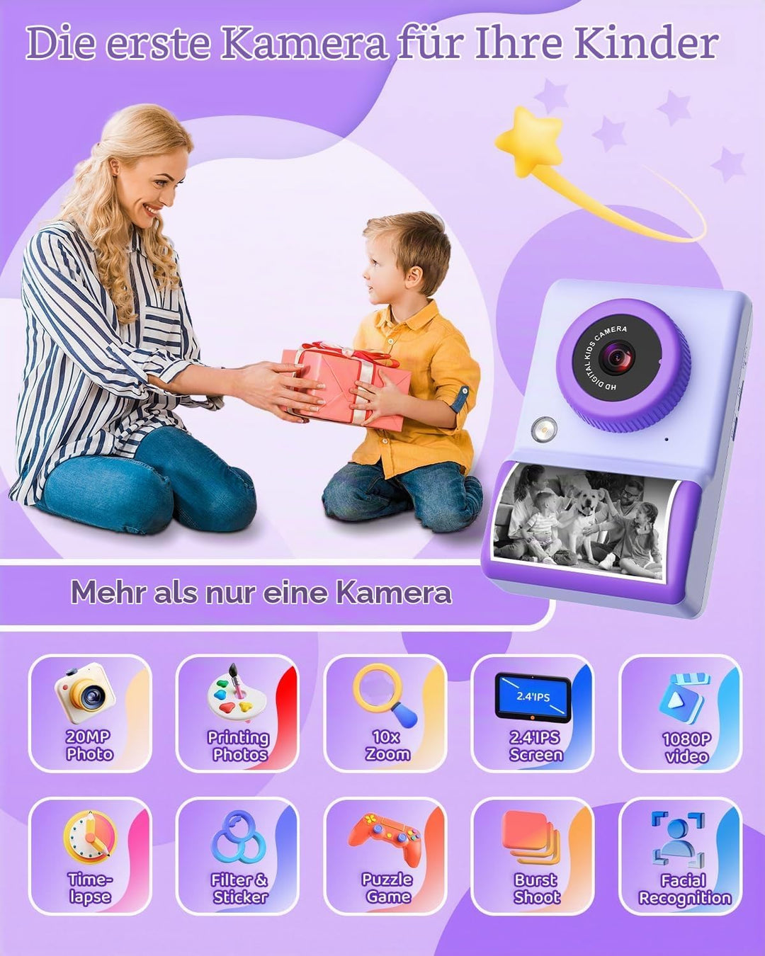 Sofortbildkamera Kinder, 2,4 Zoll Kinderkamera Sofortbildkamera mit LED-Blitz 32GB-Karte Druckpapier