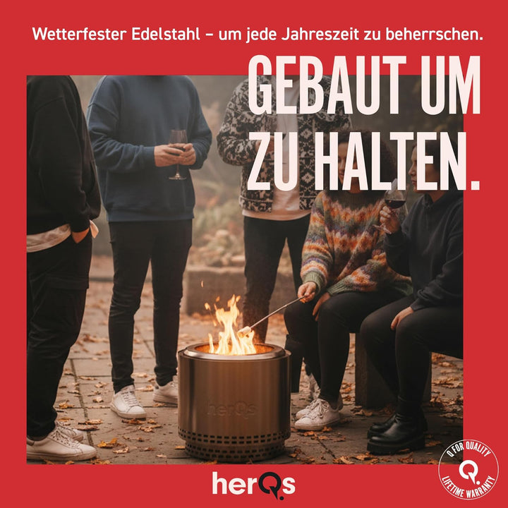 herQs Blaze Feuerschale Rauchfrei – Tragbarer Feuerschale Edelstahl für Garten, Camping & Terrasse –