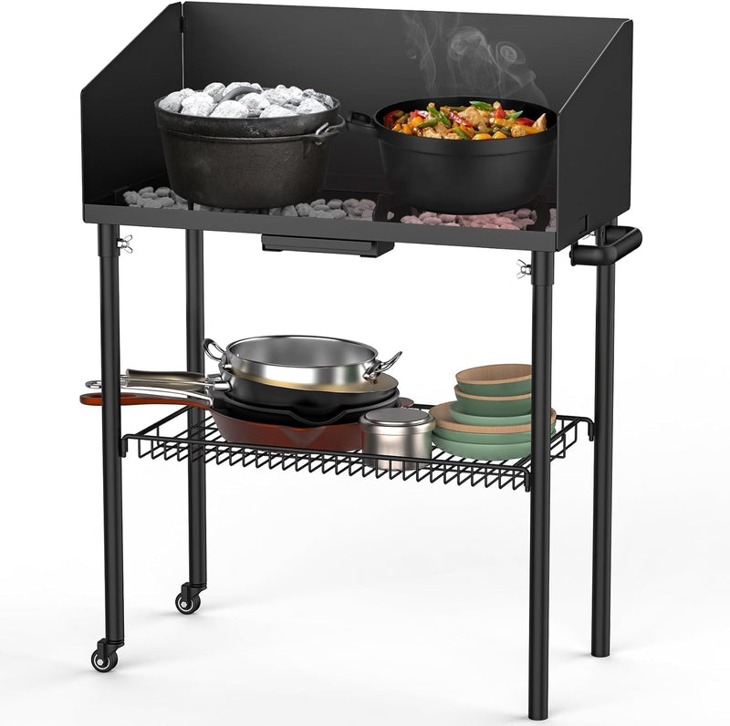 Onlyfire Dutch Oven Tisch 76 * 41cm, Outdoor Grillwagen Grilltisch mit Windschutz, Abstellfläche für