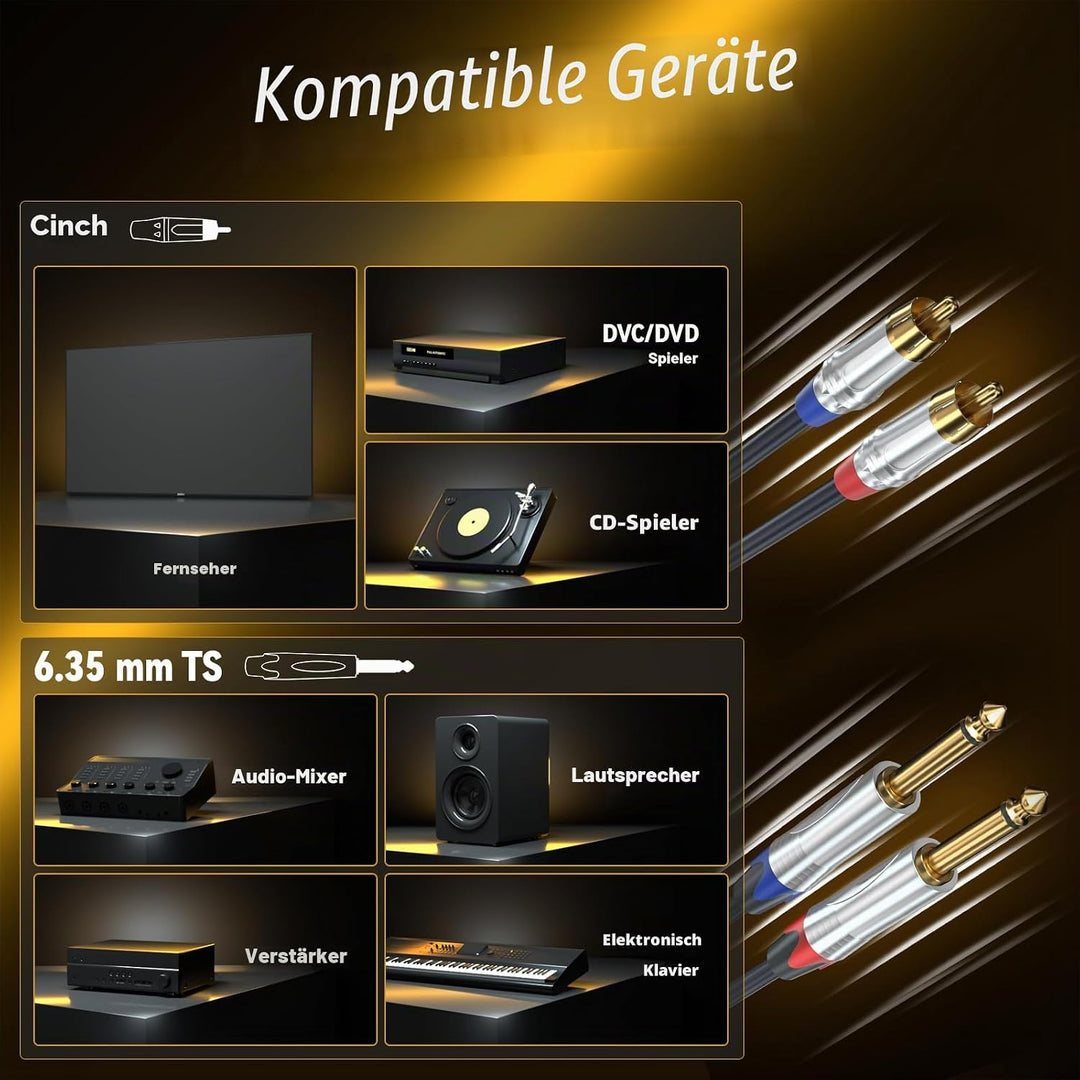 Tisino Cinch auf Klinke 6,3, 2x Cinch auf 2x Grosse Klinke Mono Audio Kabel für AV Receiver, Verstär