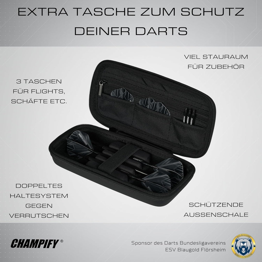 Champify® 90% Tungsten Darts Set mit schwarzer Darttasche| 3 Steeldarts mit 9 Alu-Schäften & 9 Fligh