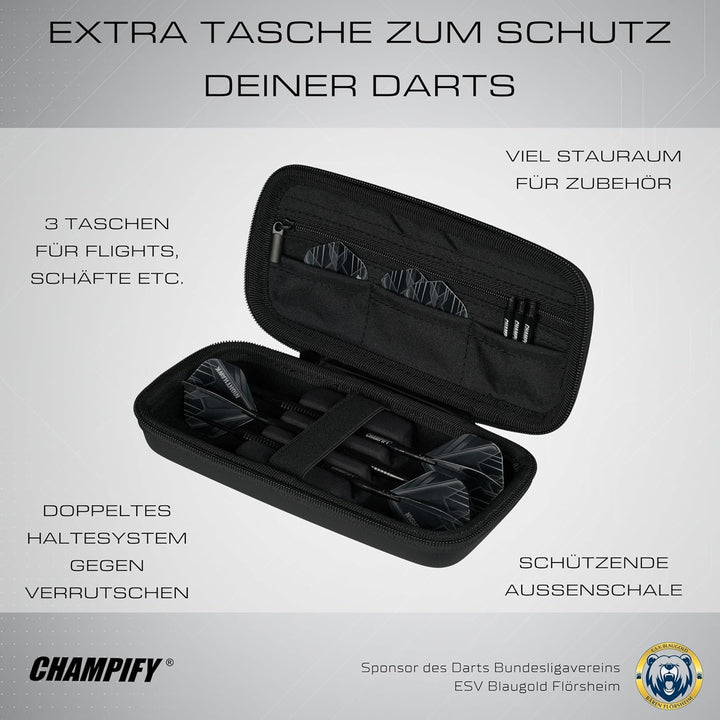 Champify® 90% Tungsten Darts Set mit schwarzer Darttasche| 3 Steeldarts mit 9 Alu-Schäften & 9 Fligh
