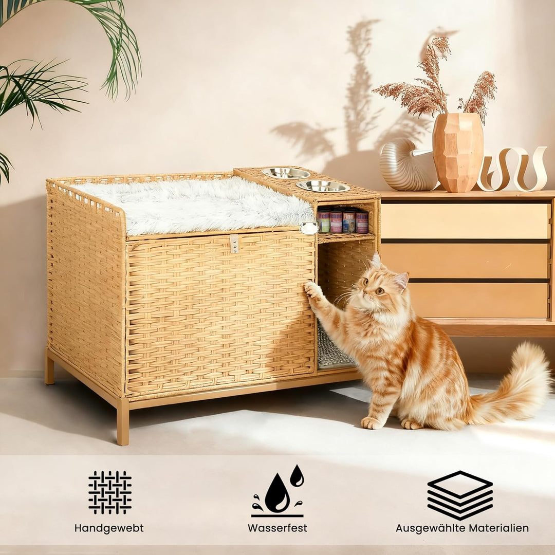 XXL Verstecktes Katzenklo Möbel mit Plüschkissen, 90x50x65cm Handgewebtes Rattan Katzenhaus, Stabil
