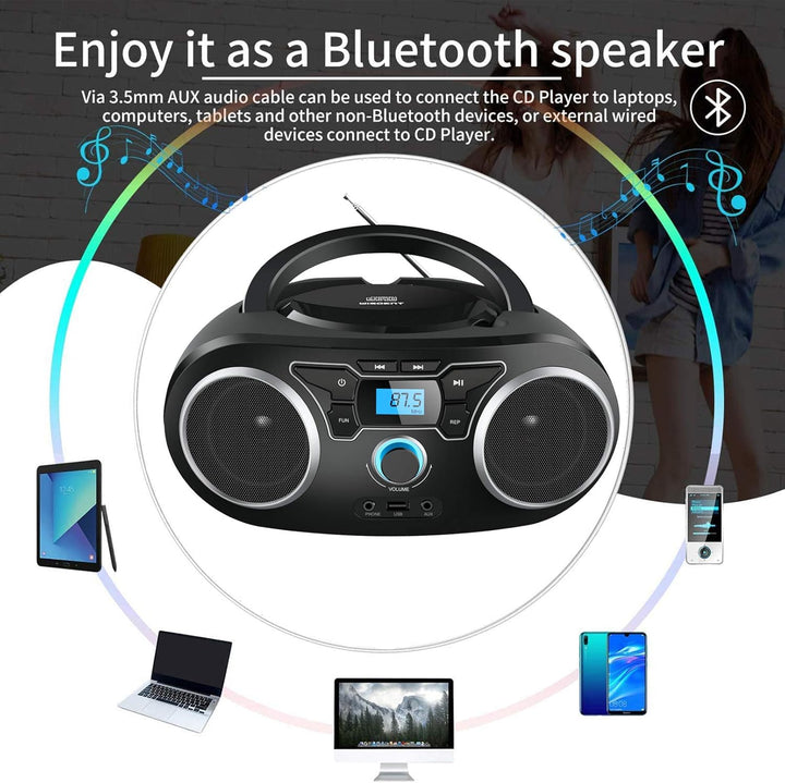 CD-Radio Tragbare CD-Player-Boombox mit Bluetooth- und FM-Radio, USB-Eingang und 3,5-mm-AUX-Kopfhöre