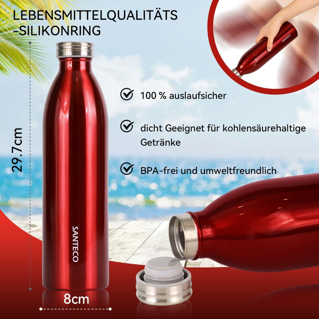 SANTECO Edelstahl Trinkflasche 1L, 100% dicht Thermosflasche 12 h heiss / 24 h kalt, absolut dicht f