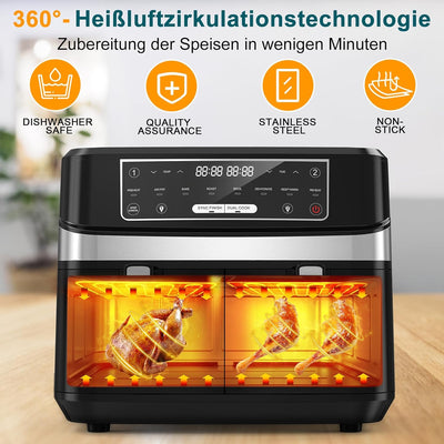 Heissluftfritteuse 2 Kammern mit Sichtfenster, 10L XXL Kapazität Doppel-Airfryer, 8-in-1 Kochvorgabe