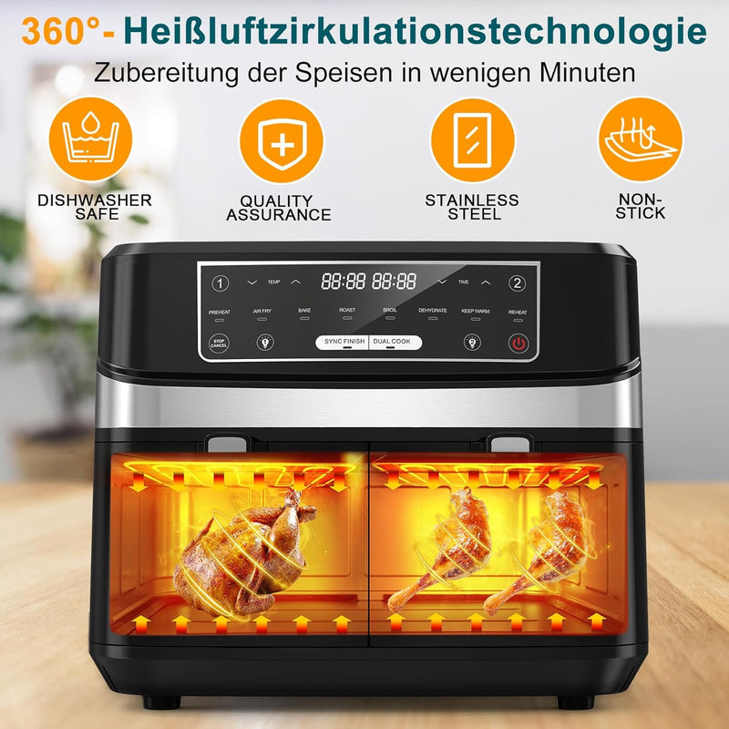 Heissluftfritteuse 2 Kammern mit Sichtfenster, 10L XXL Kapazität Doppel-Airfryer, 8-in-1 Kochvorgabe