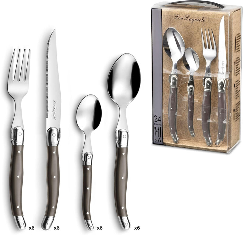 LOU LAGUIOLE TRADITION Steakmesser Besteck Set 24-teilig | Steakbesteck mit Tradition und Stil | Gri