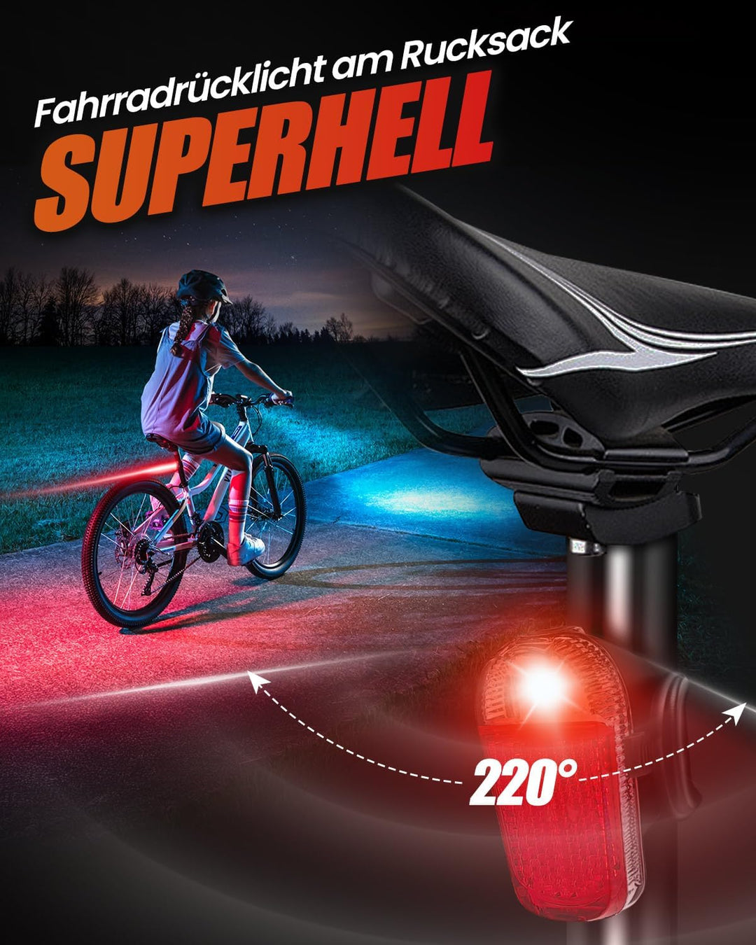 LED Fahrradlicht Set, Aufladbar, Wasserdicht Fahrradbeleuchtung Schwarz, Schwarz
