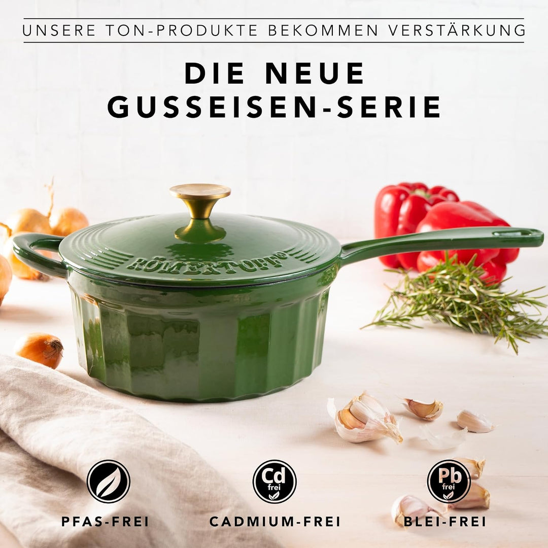 Römertopf Gusseisen Stielkasserolle mit Deckel 22 cm – Stieltopf Emaille-Beschichtung, alle Herdarte