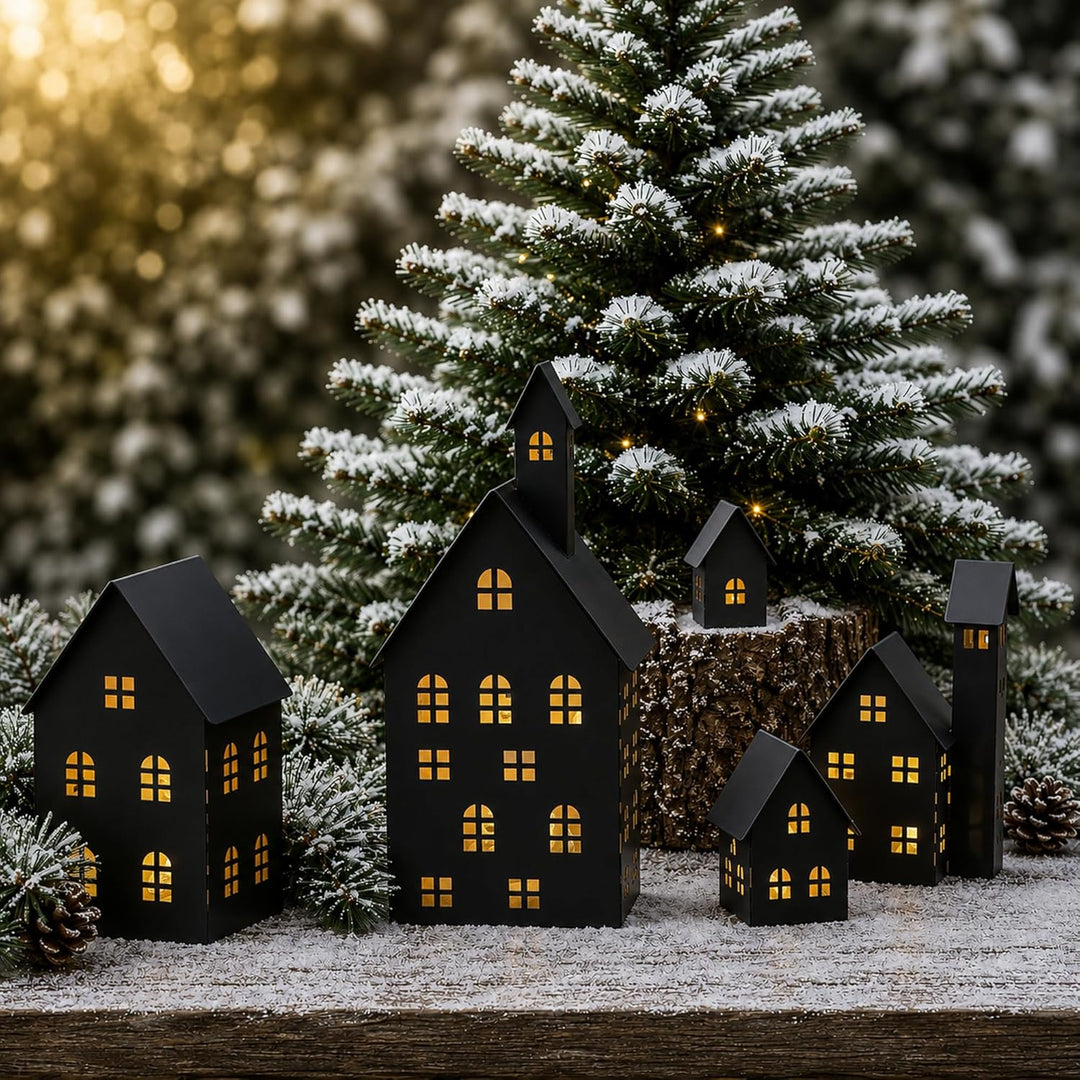 UNUS Deko Häuser 5er Set, Lichthäuser aus Metall, in Schwarz, Herbstdeko Outdoor, Weihnachtsdorf für