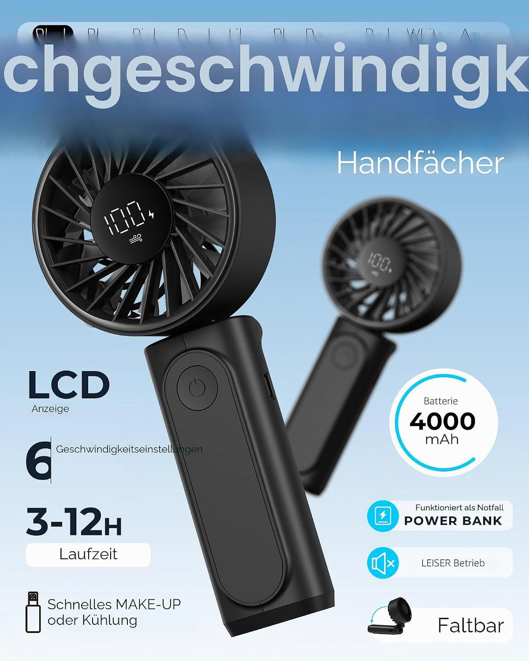 Peiyuu Handventilator, Tragbarer Mini Ventilator mit 4000 mAh, LED-Display Handventilator mit 6 Gesc