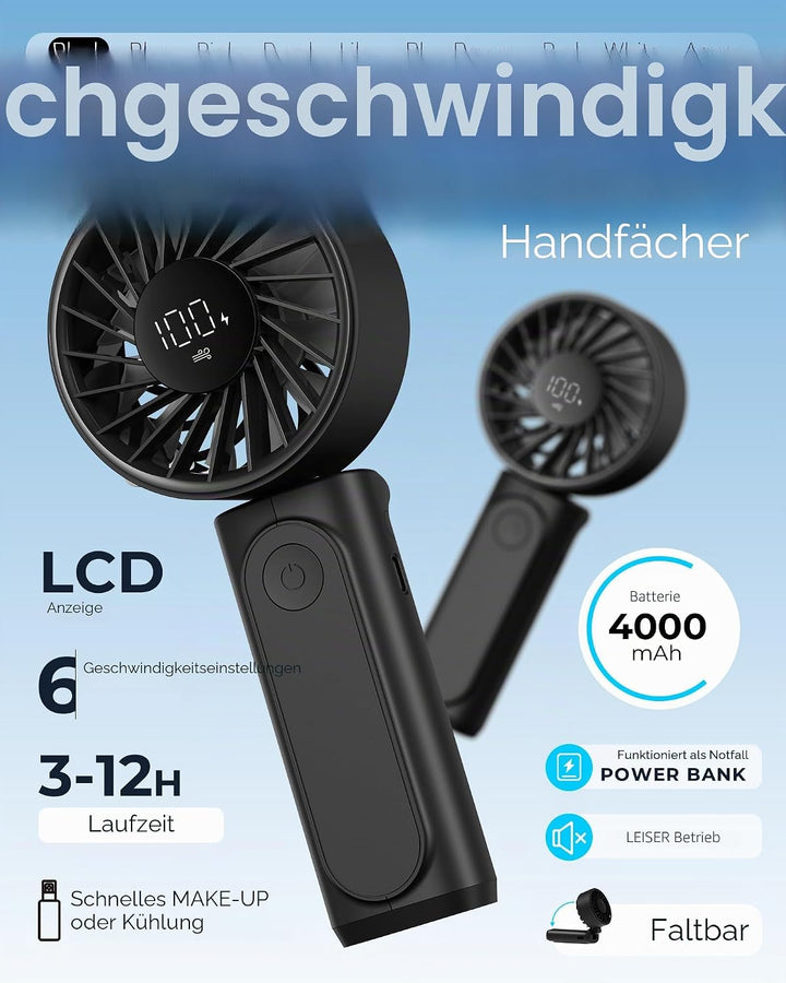 Peiyuu Handventilator, Tragbarer Mini Ventilator mit 4000 mAh, LED-Display Handventilator mit 6 Gesc