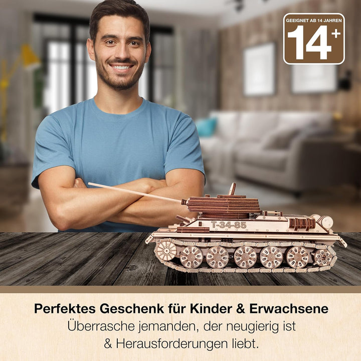 EWA Eco-Wood-Art 3D Puzzle Erwachsene 3D Holzpuzzle mit Gummibandmotor, Rädern &amp; rotierender Kanone