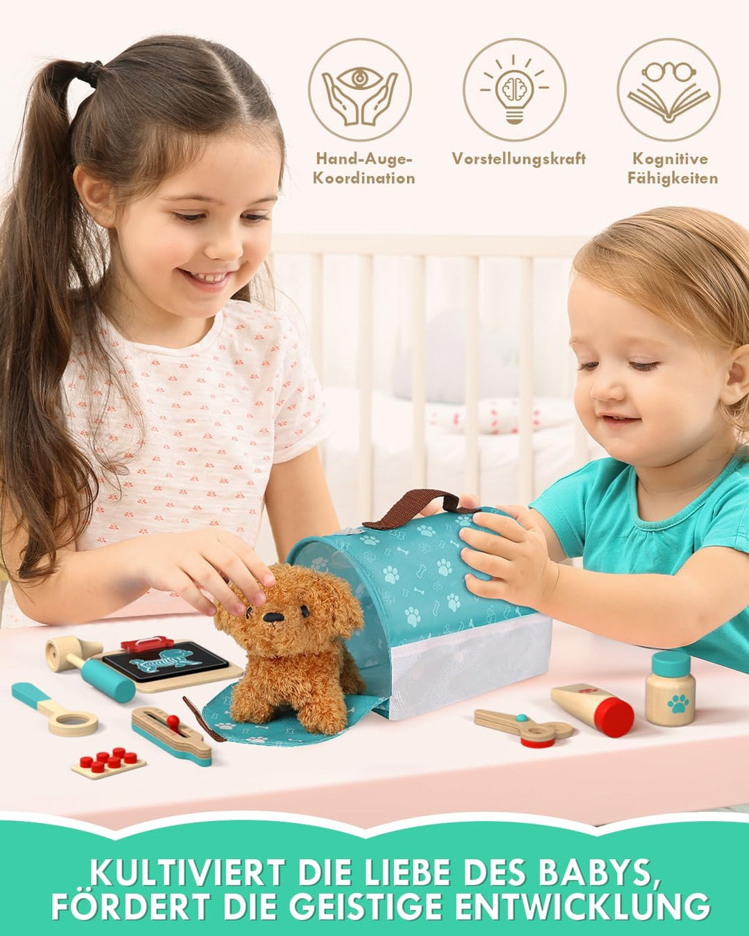 Arztkoffer Kinder Holz, Tierarzt Spielzeug Kinder, Doktorkoffer mit Kleidung und Hut, Arztkoffer Rol