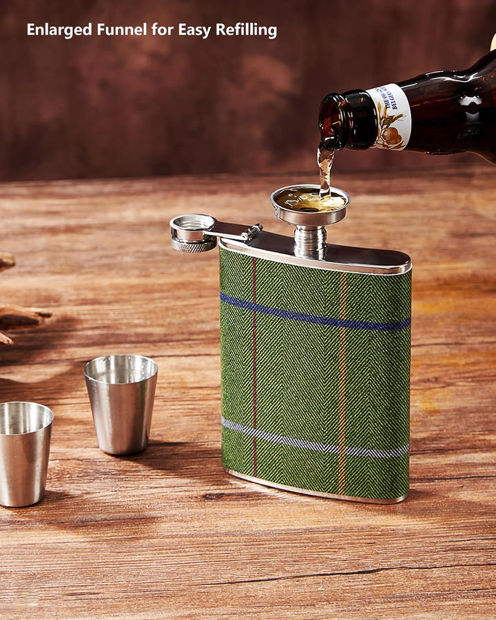 Luxuriöses 237 ml Edelstahl-Flachmann-Geschenkset mit 2 Schnapsgläsern und Trichter, lederbedruckter