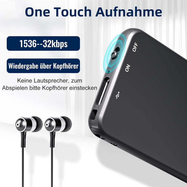 64GB Diktiergerät Mini, HD Aufnahmegerät mit 35 Stunden Aufnahme, USB C Digital Voice Recorder für M
