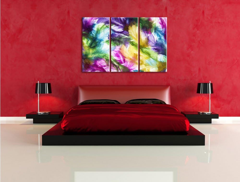 Pixxprint Anordnung von Federn als Leinwandbild/Grösse: 3 Teilig (120x80) cm/Wandbild/Kunstdruck/fer