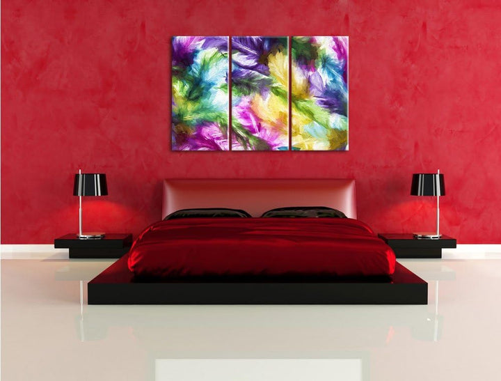Pixxprint Anordnung von Federn als Leinwandbild/Grösse: 3 Teilig (120x80) cm/Wandbild/Kunstdruck/fer