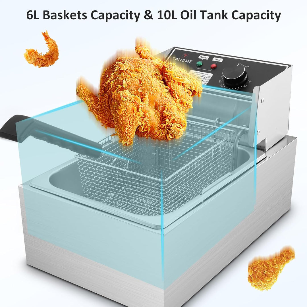 Fritteuse mit Korb 10L/12,7QT 2500W Elektrische Fritteuse 0,8mm Edelstahl Verdickt Arbeitsplatte Öl