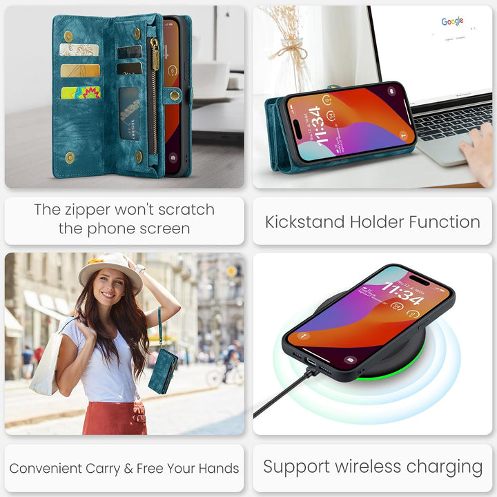 UFinetech für iPhone 15 Pro Hülle, Flip Leder TPU Stossfeste Kartenfach Tasche Handyhülle für iPhone