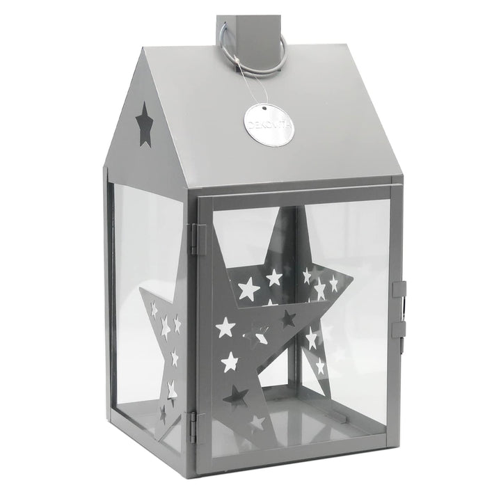 Dekovita 38cm Metall-Laterne Sterne Lichthaus - Gartenlaterne mit Glas-Scheiben - Windlicht Haus Dek